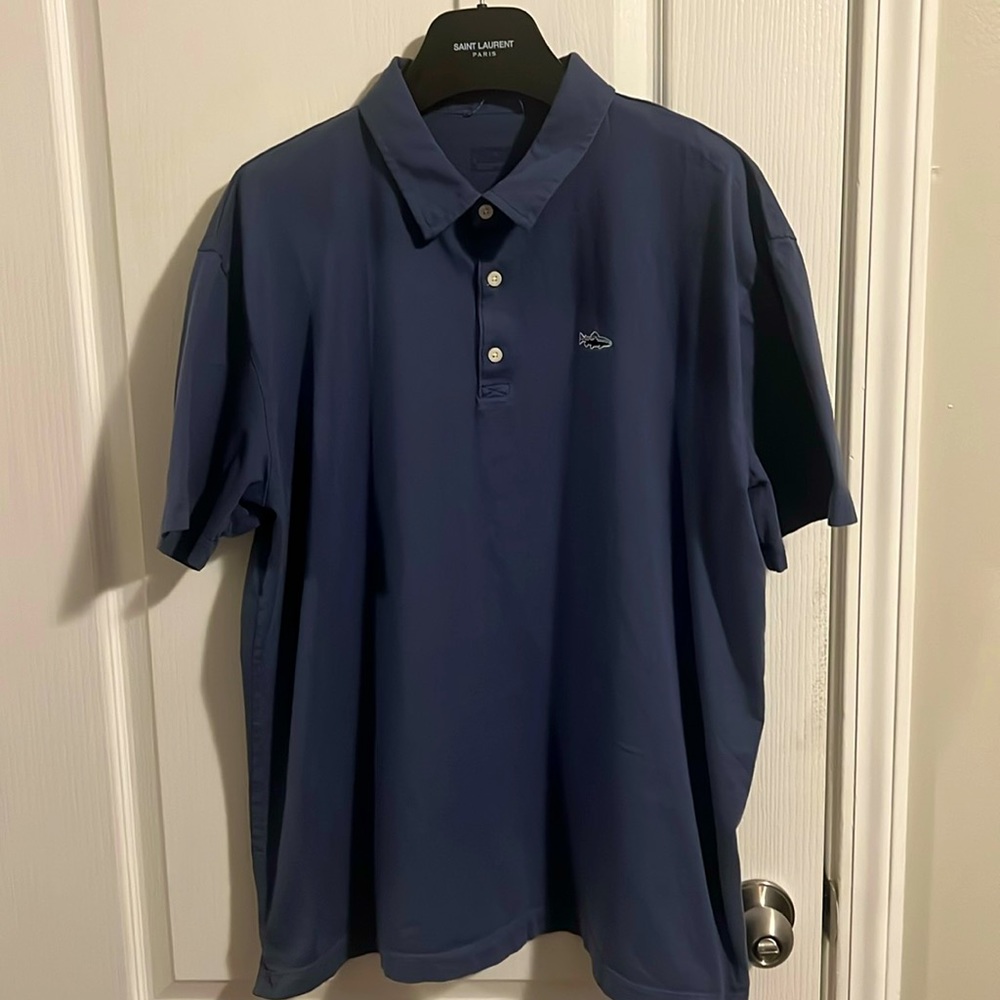 Patagonia Navy Blue W Trout Embroidered Short Sleeve Cotton Polo Shirt